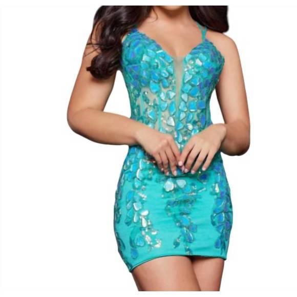 sachin and babi light blue dress Jovani 39749 Short Metallic A Line Cocktail Dress